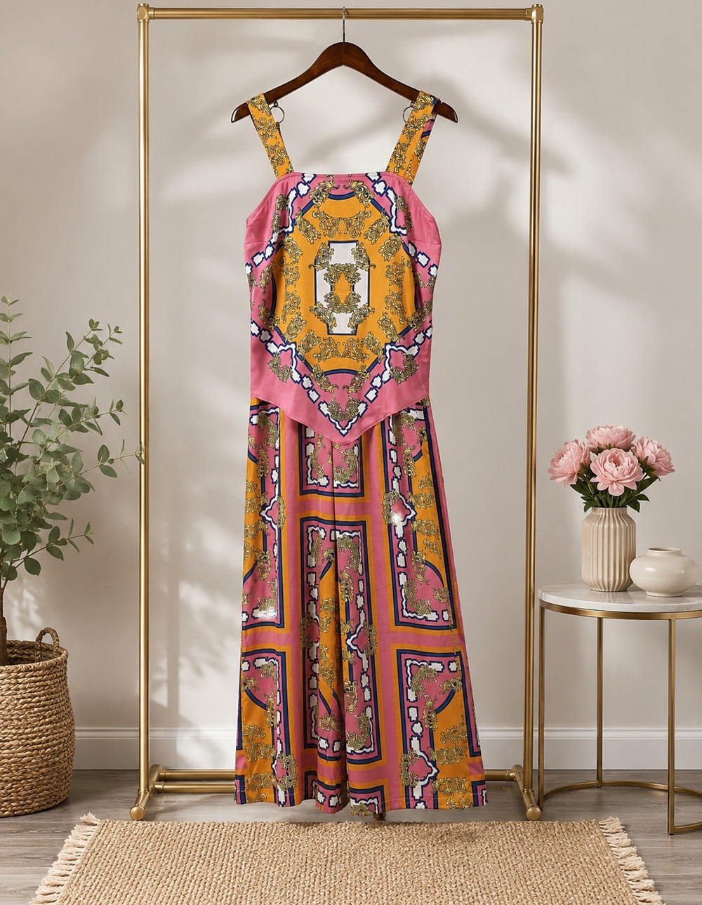 Rachel Zoe 2pc Outfit Set Ornate Boho Sleeveless Top MEDIUM Pants SMALL Excellen